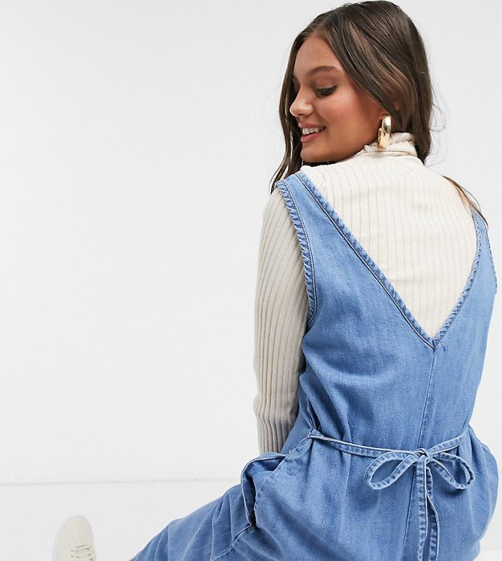 Asos Design Petite Soft Denim Slouchy V Neck Jumpsuit In Blue-blues
