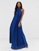 Asos Design Vanessa Backless Halter Pleated Maxi Dress-blue
