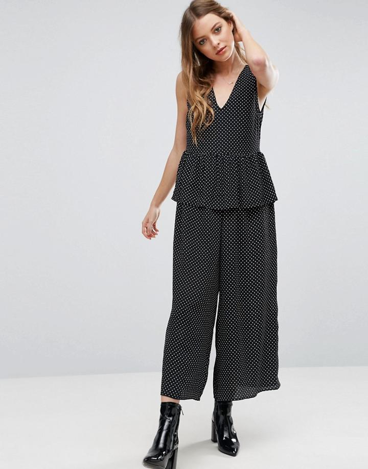 Asos Jumpsuit In Spot With Peplum Ruffle Detail - Black
