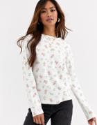 Daisy Street Long Sleeve Top In Floral Print Waffle-white