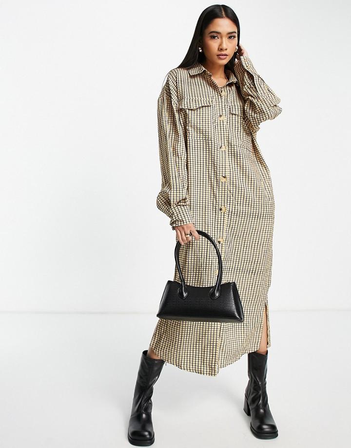 Lola May Oversized Shirt Midi Dress In Check-brown