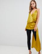 Asos Edition Drape Side Wrap Top In Satin - Green