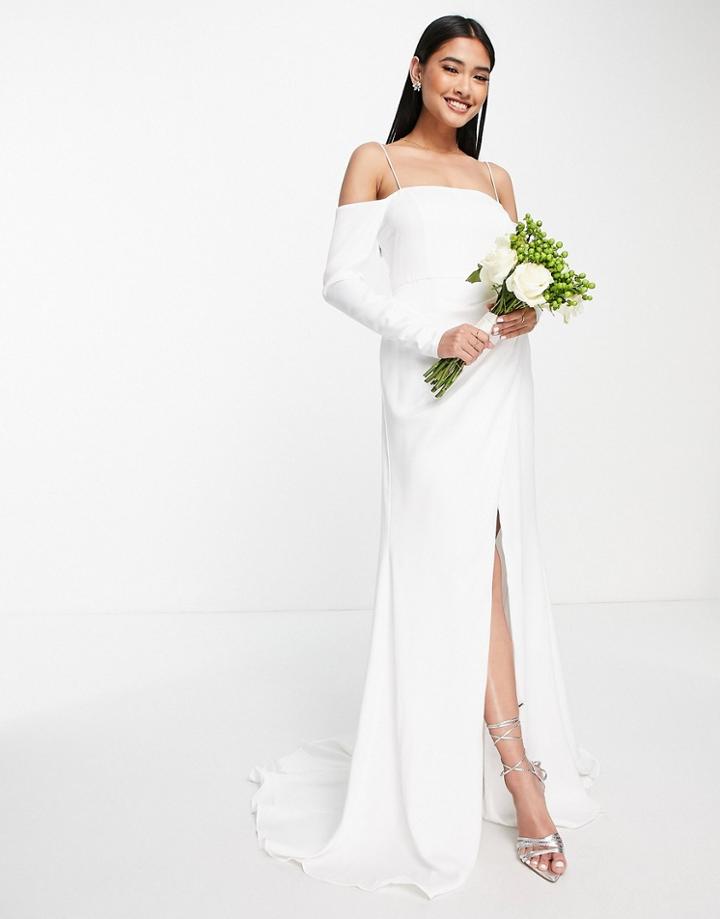 Asos Edition Willa Satin Off Shoulder Drape Front Wedding Dress-white