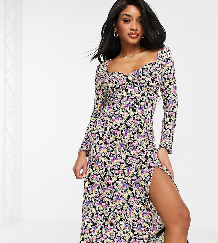 Asos Design Petite Long Sleeve Slit Front Midi Dress In Purple Ditsy Floral-pink