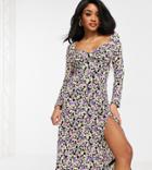 Asos Design Petite Long Sleeve Slit Front Midi Dress In Purple Ditsy Floral-pink