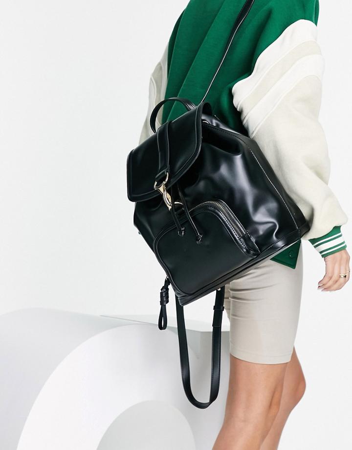 Topshop Box Pu Backpack With Clip Fastening-black