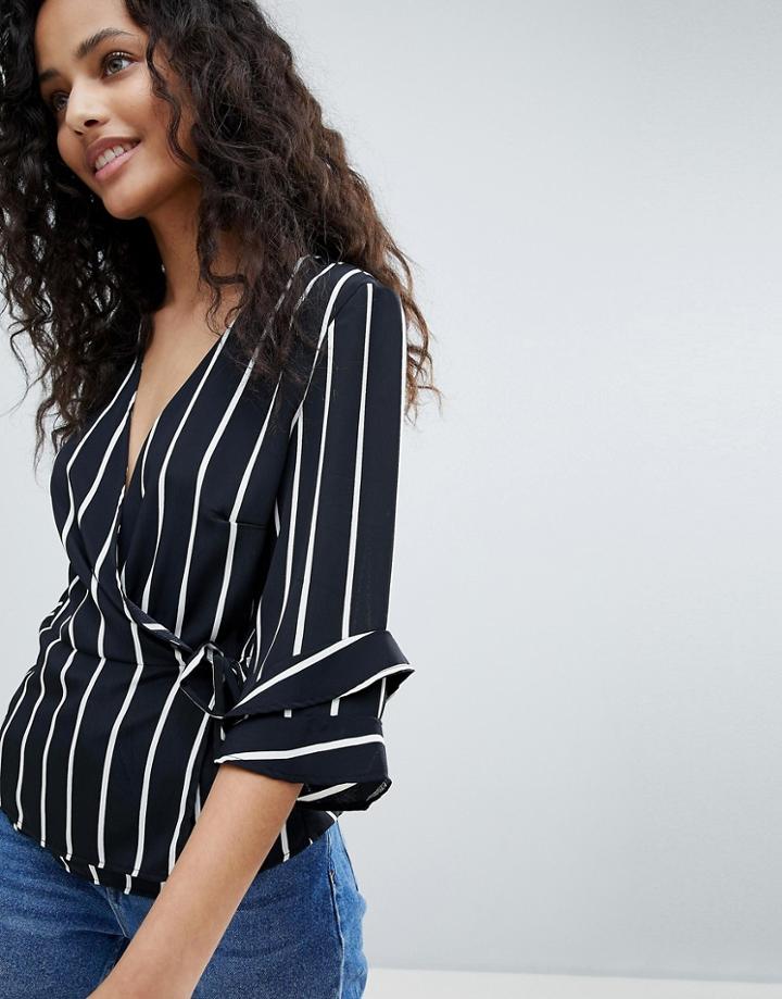 Bershka Wrap Stripe Tie Front Blouse - Multi