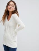 Bellfield Cable Knit V Neck Sweater - White