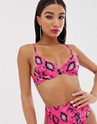 Asos Design Mix And Match Underwired Bikini Top In Pink Neon Snake Print - Pink