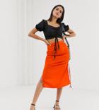 Vero Moda Tall Neon Gathered Side Bias Cut Midi Skirt - Orange