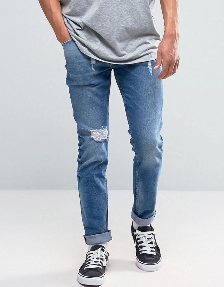 Asos Skinny Jeans With Rips In Vintage Mid Wash - Blue