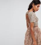 Lace & Beads Cropped Top With Embellishment And Open Back - Brown