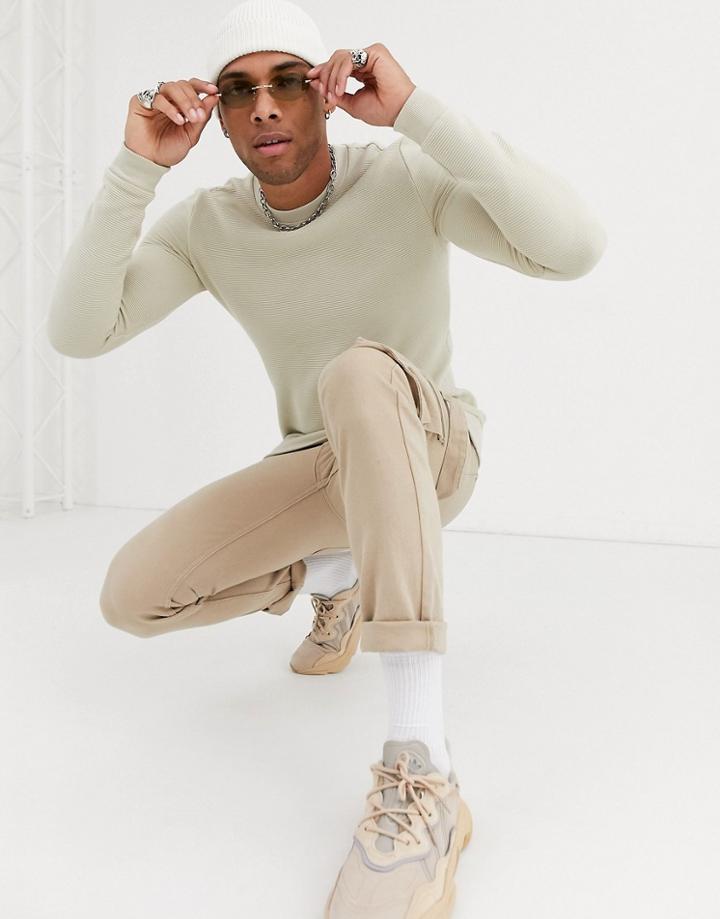 Asos Design Ribbed Sweatshirt In Beige-neutral