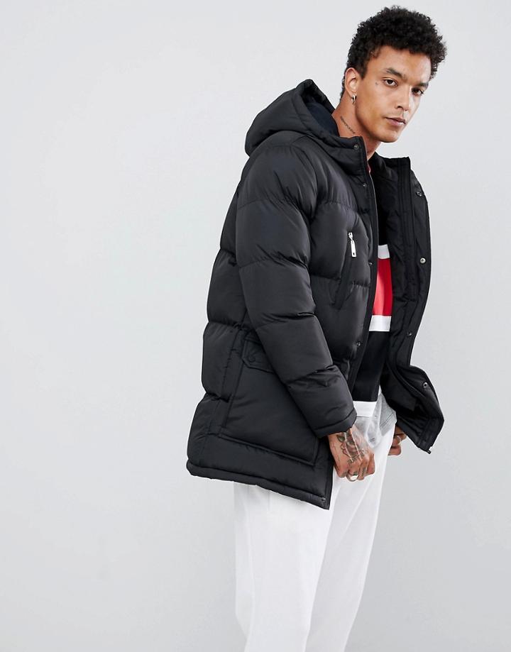Criminal Damage Longline Puffer Jacket In Black - Black