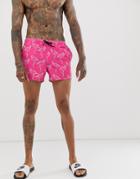 Asos Design Swim Shorts In Pink Flamingo Print Short Length - Pink