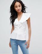 Asos Cotton Blouse With Ruffle Front & Tie Waist - White