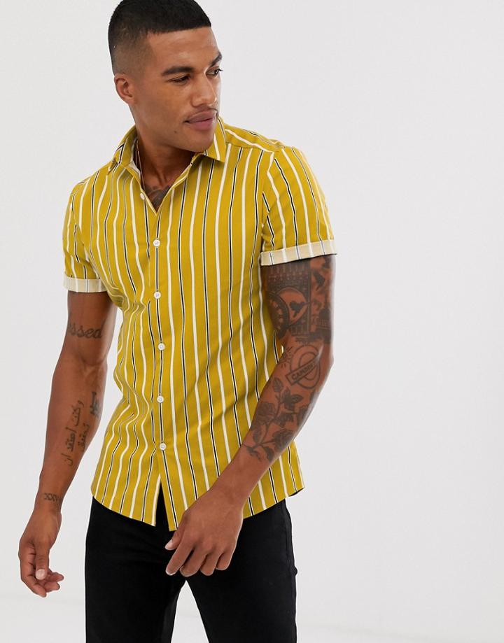 Asos Design Skinny Stripe Shirt In Mustard-yellow