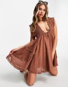 Asos Design Shirred Frill Beach Mini Dress In Brown