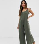 Asos Design Petite Minimal Jumpsuit With Tie Back In Linen Look-green