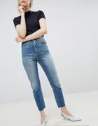 Asos Design Farleigh High Waist Slim Mom Jeans In Elliot Extreme Mid Wash With Sylvester Styling - Blue