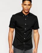 Asos Skinny Shirt In Black Twill With Short Sleeves - Black
