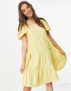 Pieces Mariah Puff Sleeve Smock Dress In Yellow