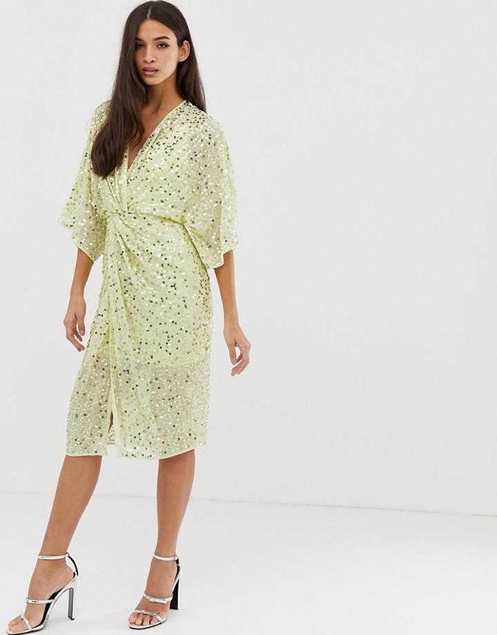 Asos Design Scatter Sequin Knot Front Kimono Midi Dress - Yellow