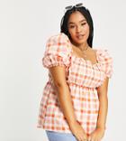 River Island Plus Check Shirred Top In Orange