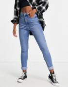 Pieces Flex Super High Waisted Skinny Jeans In Light Blue Wash