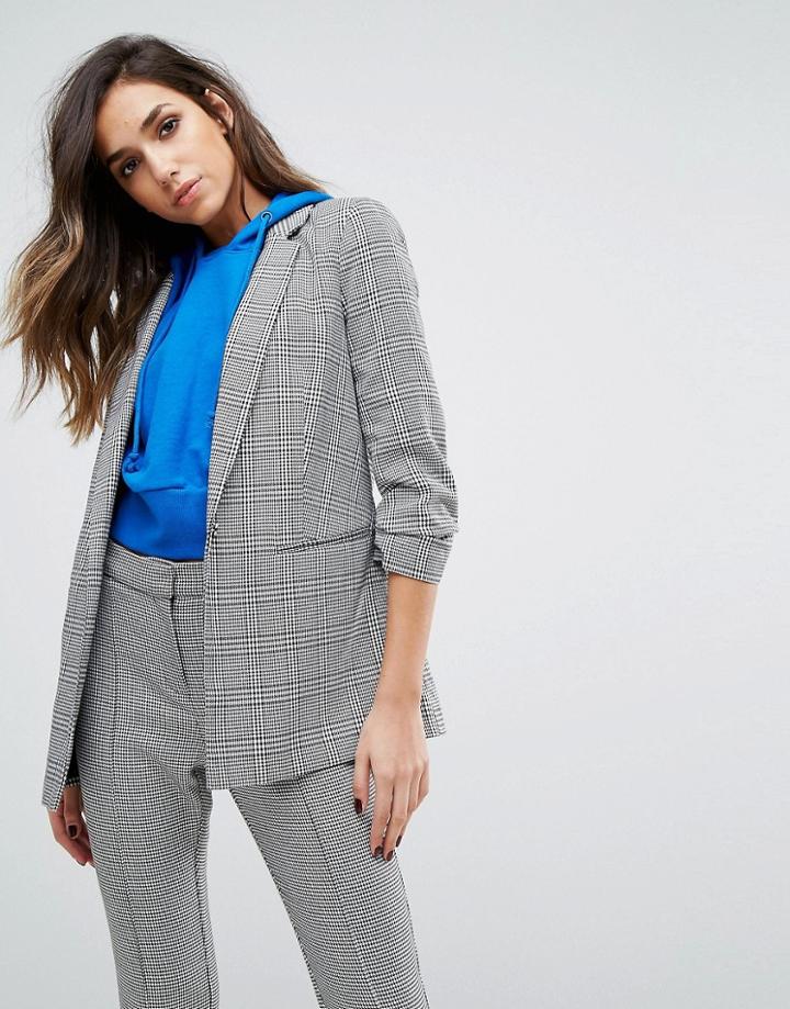 Miss Selfridge Checked Ruched Sleeve Blazer - Black