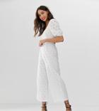 Asos Design Tall Square Neck Puff Sleeve Jumpsuit In Broderie-white