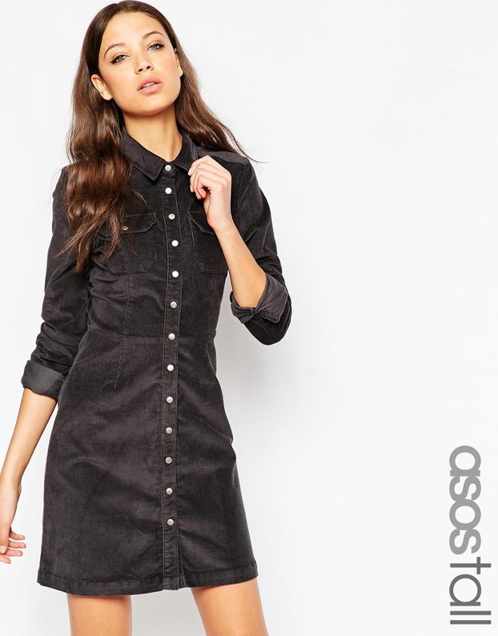 Asos Tall Western Shirt Dress In Gray Cord - Gray