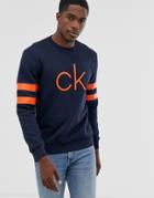 Calvin Klein Logo Sweatshirt With Stripe Sleeves In Navy