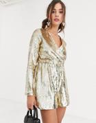Collective The Label Wrap Sequin Romper In Gold