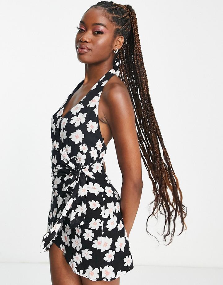 Pull & Bear Halterneck Wrap Front Mini Dress In Black Floral