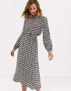 River Island Midi Dress With Pussybow In Houndstooth-multi
