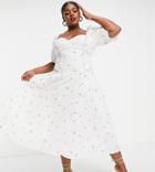 Asos Design Curve Premium Puff Sleeve Trapeze Midi Dress With Shirred Sides In Ditsy Embroidery In White