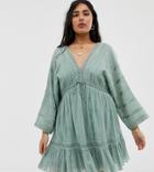 Asos Design Curve Lace Insert Mini Smock Dress With Lace Up Detail - Green