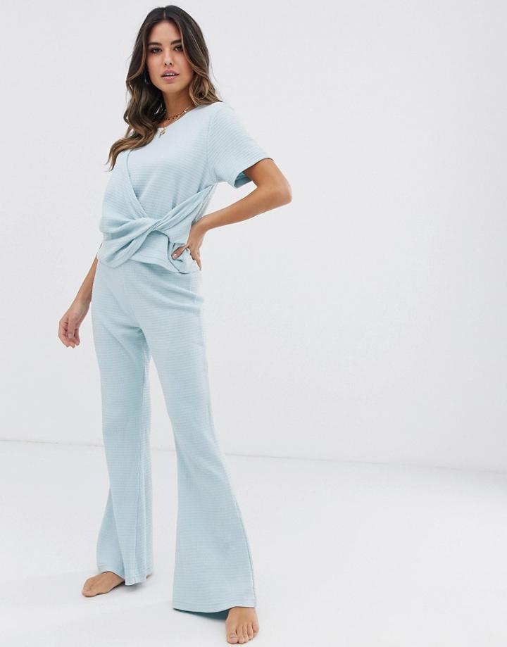 Asos Design Lounge Twist Waffle Top & Pants Set-blue