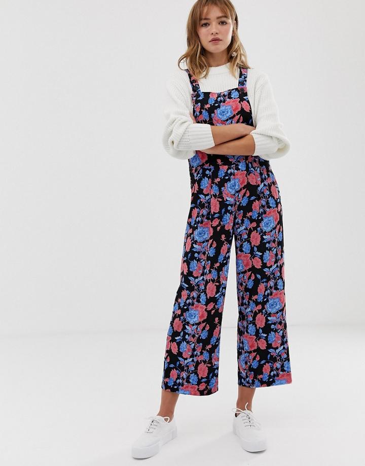 Monki Floral Print Wide Leg Overalls In Black - Multi