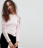 Lost Ink Petite Long Sleeve Top With Ruched Lace Sleeves - Pink