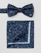 Selected Homme Bow Tie & Pocket Square Set Floral - Navy