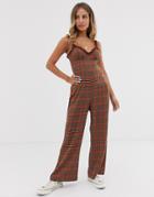 Emory Park Cami Jumpsuit With Ruffle Straps In Check-brown