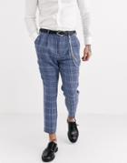 Asos Design Smart Tapered Pants In Blue Check Wool Mix And Pocket Chain