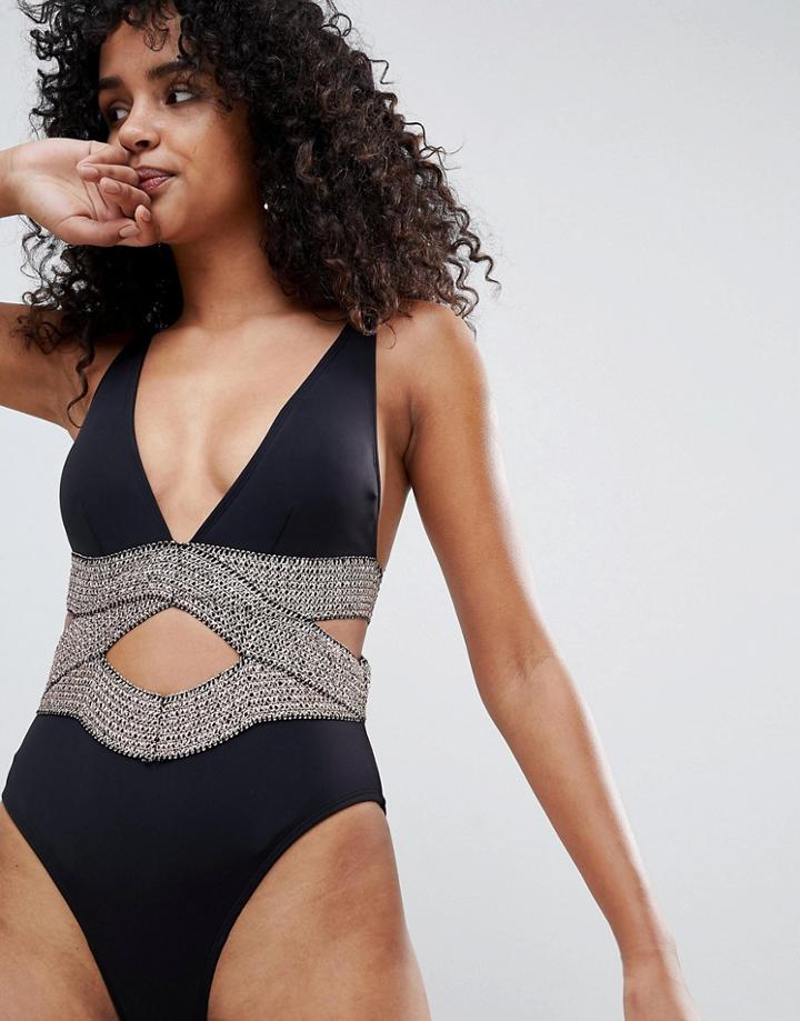 River Island Saddle Stitch Detail Swimsuit-black