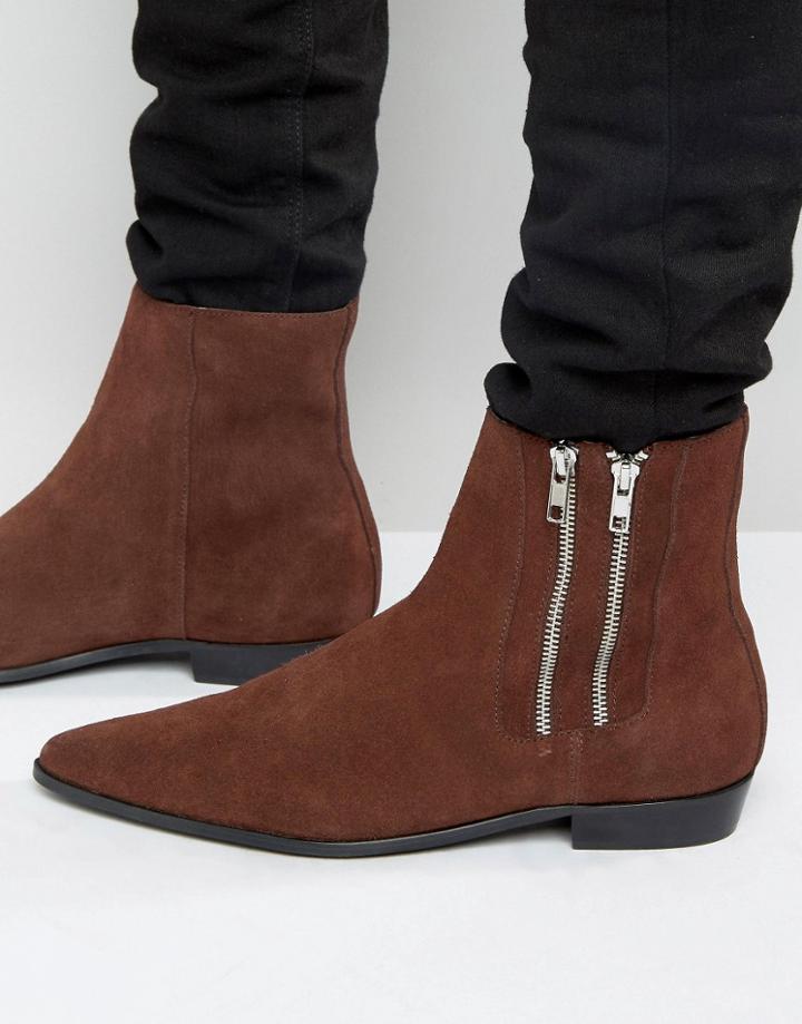 Religion Pistol Double Zip Suede Boots - Brown