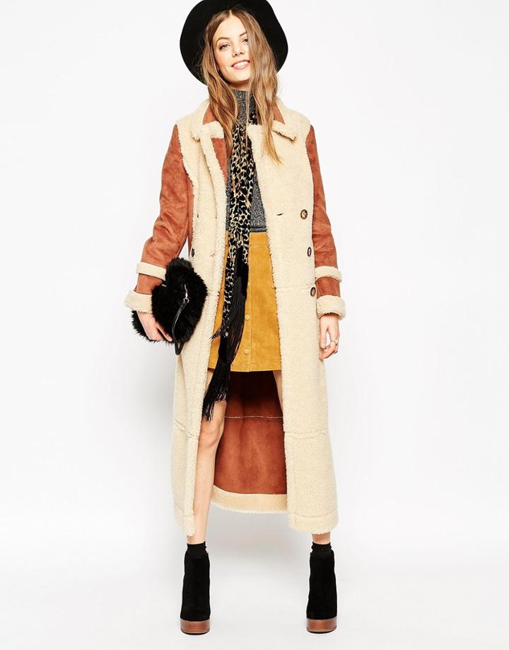 Asos Faux Shearling Coat In Maxi Length - Tan