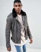 Avior Leather Biker Jacket With Shearling Collar - Gray