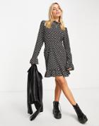 Asos Design Frill Neck Mini Dress With Fluted Three Quarter Sleeves In Black Daisy Print-multi