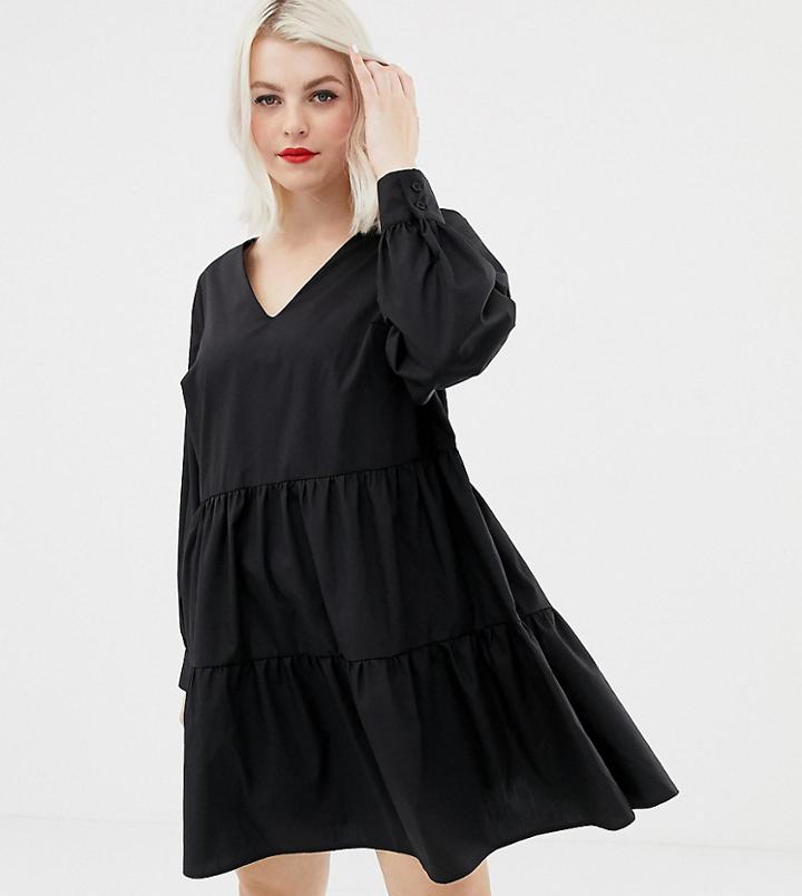 Asos Design Curve Tiered Cotton Smock Mini Dress With Long Sleeves-black